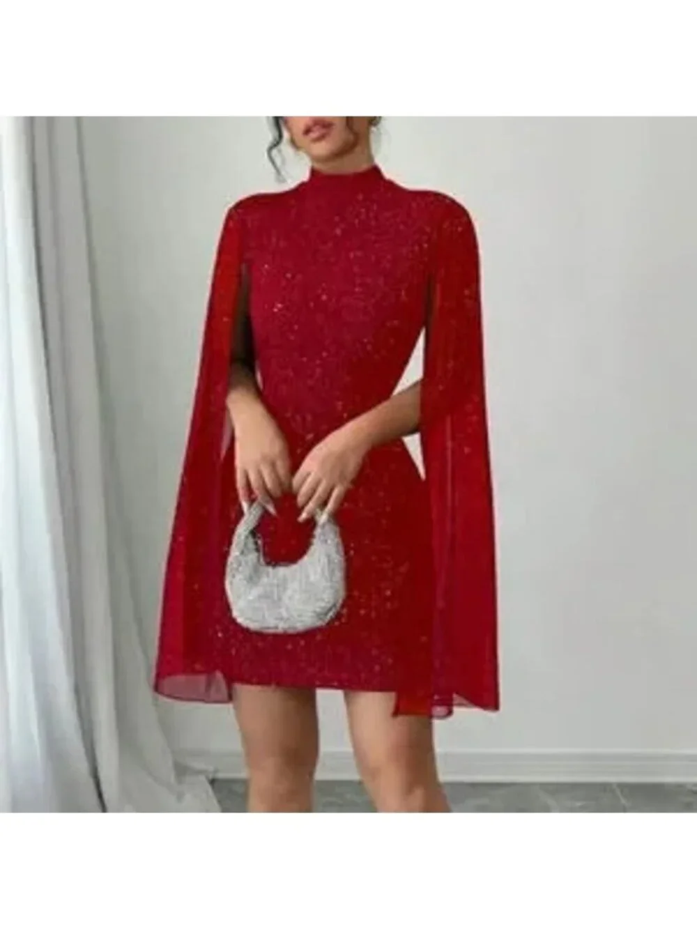 Red Party Women's Fitted Short Casual Mock Neck Flared Sleeve Bodycon Dress - Picture 1 of 5